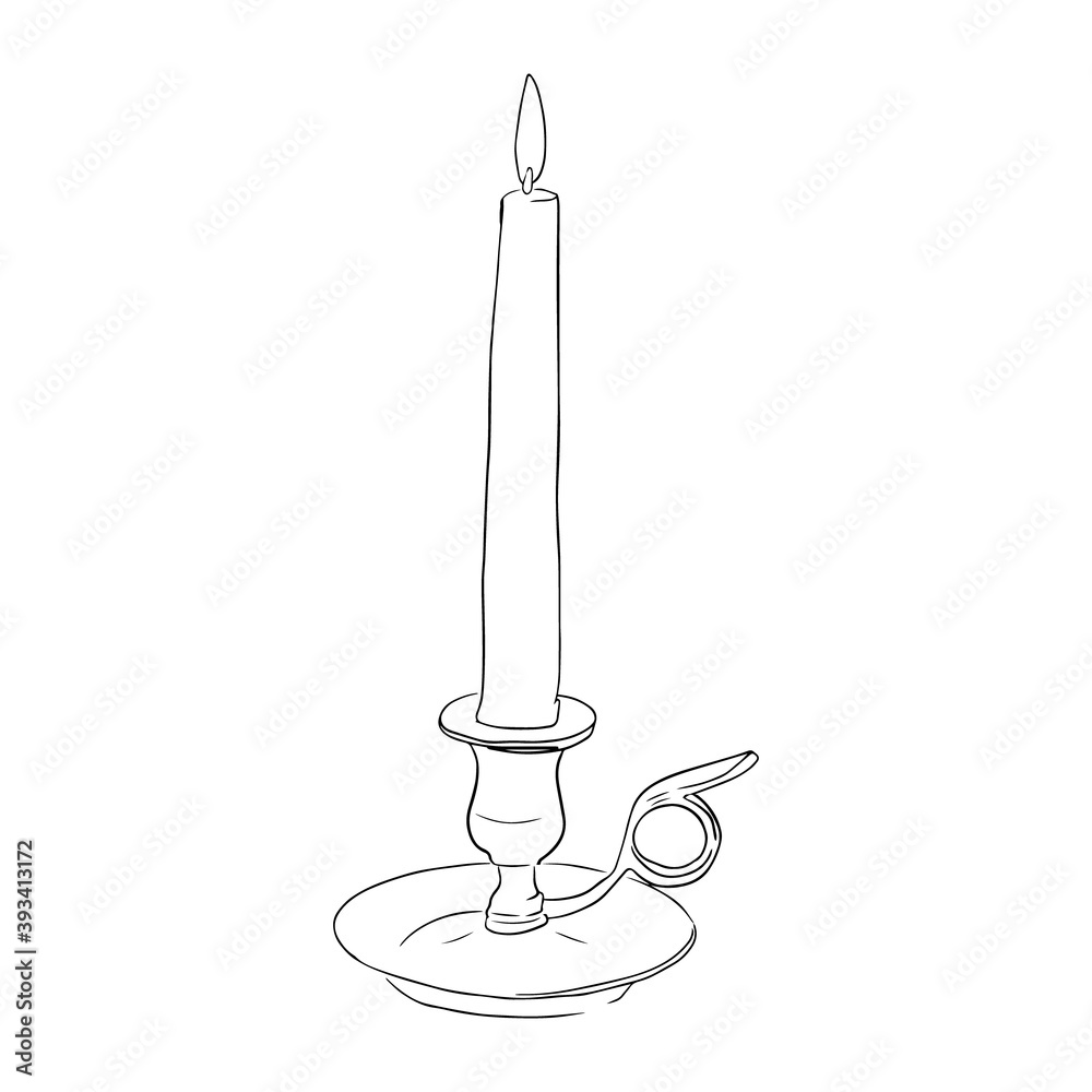 Outline sketch of isolated candle in candlestick in vintage style Outline sketch of isolated candle in candlestick in vintage style