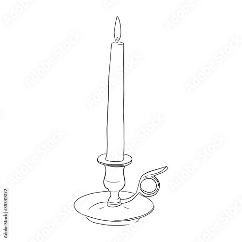 Outline sketch of isolated candle in candlestick in vintage style