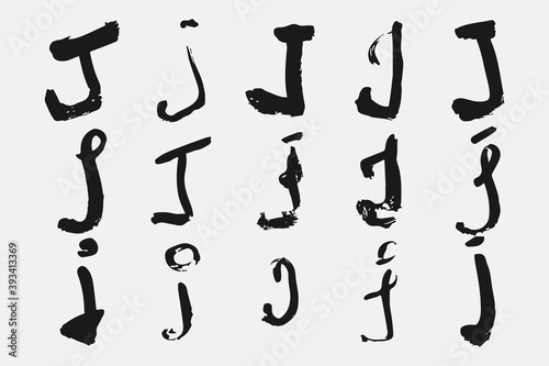 Letter J written by hand. Black letter J written in grunge calligraphy. Different versions of the font are hand-drawn in a careless style. Vector eps illustration.