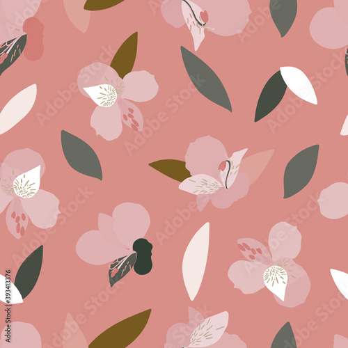 Vector seamless pattern with flowers in a pink background.