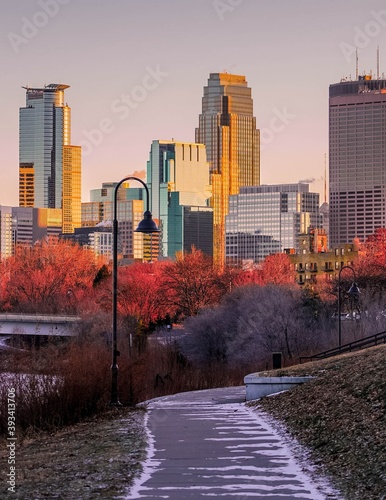 View of the Minneapolis Skyline from a River Walk during the Autumn season
