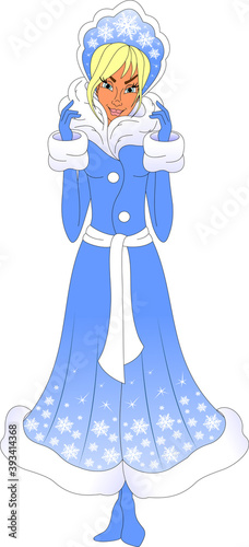 Snow Maiden in blue clothes and blue boots