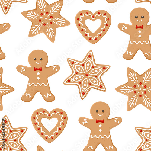 Gingerbread men, snowflakes, stars and hearts seamless pattern. Christmas festive background. Vector illustration New Year in cartoon flat style. Cookies for holiday.