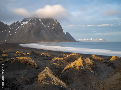 Stokksnes beach and Mount Vestrahorn during golden hour. Southeast Iceland.