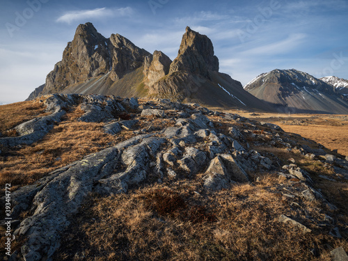Mount Eystrahorn (756 m) at Hvalnes, east of Lón in Austur-Skaftafellssýsla, Southeast Iceland. Minirals such as gold, silver and quicksilver can be found in the mountain, although not in enough quant