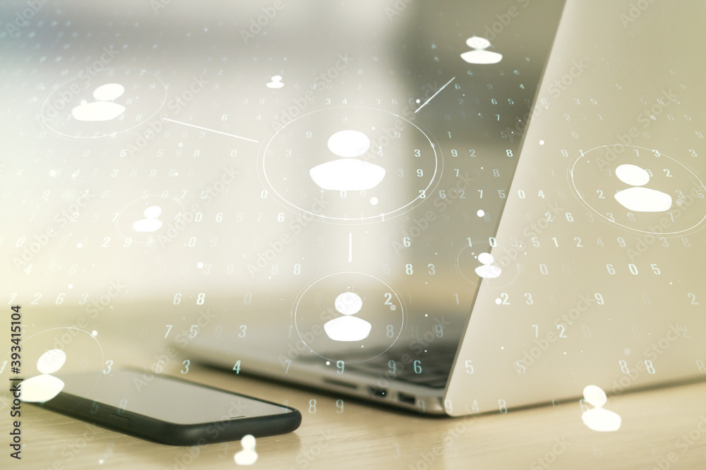 Social network concept with modern laptop on background. Multiexposure Social network concept with modern laptop on background. Multiexposure