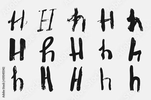 Letter H written by hand. Black letter H written in grunge calligraphy. Different versions of the font are hand-drawn in a careless style. Vector eps illustration.