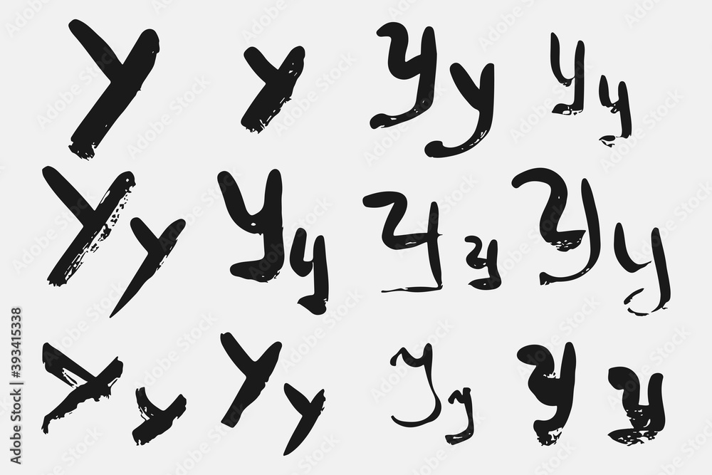 Letter Y written by hand. Black letter Y written in grunge calligraphy. Different versions of the font are hand-drawn in a careless style. Vector eps illustration. Letter Y written by hand. Black letter Y written in grunge calligraphy. Different versions of the font are hand-drawn in a careless style. Vector eps illustration.
