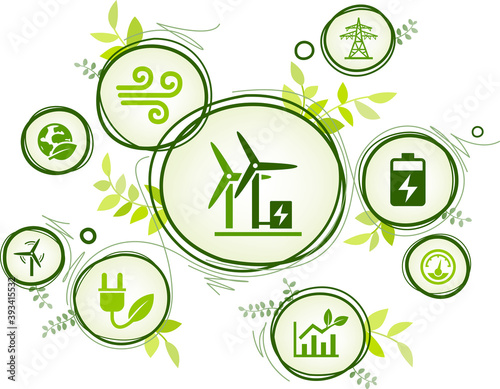 Wind energy / wind power vector illustration. Concept with connected icons related to wind power generation, renewable energy, wind park or wind farm.