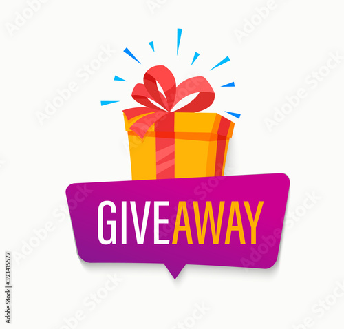 Giveaway banner, Win poster with isolated gift box with prize to winner. Template design for social media posts, web bannerswith bubble. Offer reward in contest, vector illustration. photo
