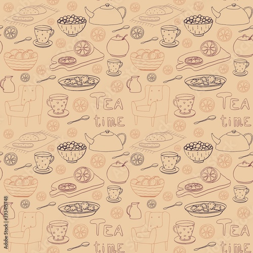 seamless pattern with doodle elements in retro style, vintage objects background, teatime wallpaper of the victorian time