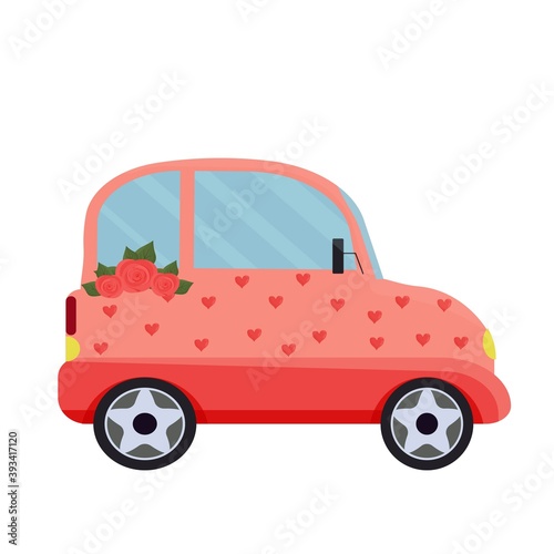 Cute funny car with hearts and flowers roses isolated on white background. Romantic Valentine day celebration, greeting clipart, design element. Creative stylish love print. Vector illustration