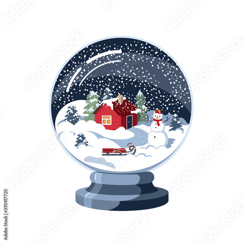 Glass Snow globe on a stand. Inside is a winter composition: a house, a snowman and a sled. Vector illustration on a white background.