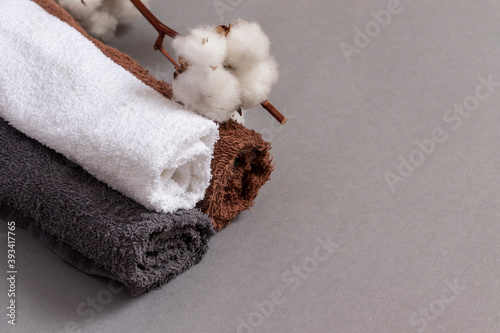 Multicolored towels and a branch of cotton on gray background.