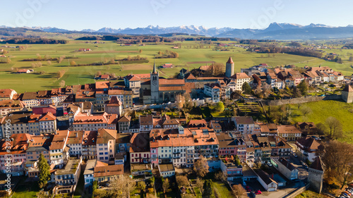 Flying above Romont on a sunny day, Switzerland. 