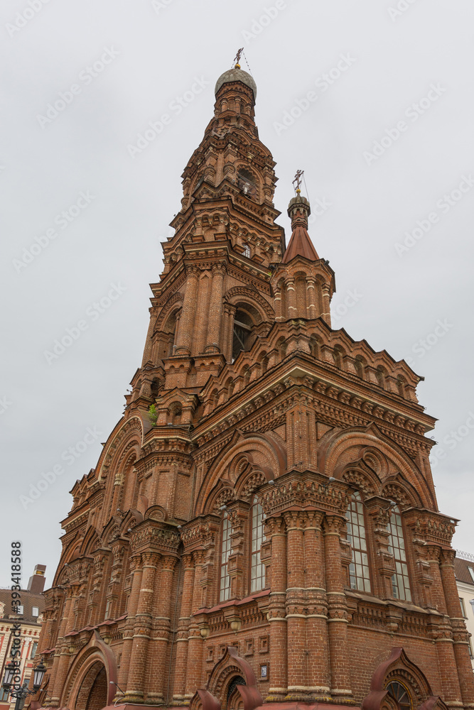 Kazan, view of the high bell tower on Bauman Street, photo was taken on a cloudy day.
