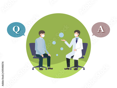 医者と患者・診察・質問と答え・白衣・マスク　Doctors and patients, medical examination, consultation