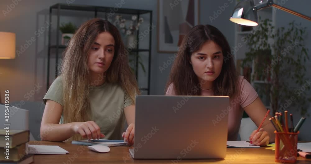 Portrait of young happy Caucasian female twins sitting at table in room while writing in copybooks and studying from laptop. Twin sisters learning at home and typing on computer. E-learning concept Portrait of young happy Caucasian female twins sitting at table in room while writing in copybooks and studying from laptop. Twin sisters learning at home and typing on computer. E-learning concept