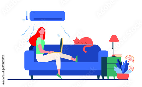 Woman sitting sofa with cat laptop air conditioner girl cooling couch flat vector illustration home freelance.