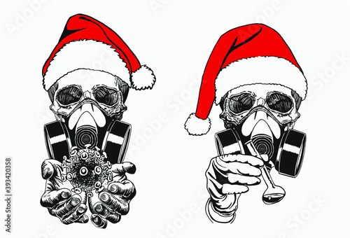 Coronavirus. Two mens' skulls in Santa Claus hat isolated on white background holding virus and serum bottle, vector illustration