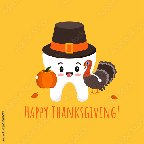 Thanksgiving tooth in pilgrim hat with pumpkin and turkey isolated vector icon. White tooth in carnival costume - dental character for dentist card. Flat design cartoon kawaii style illustration.  