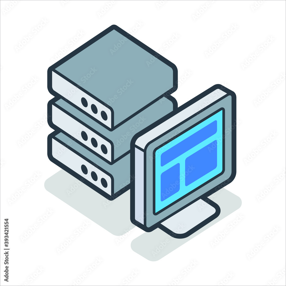 Server, data base, pc, monitor flat icon. 3d vector colorful illustration. Pictogram isolated on white background. Server, data base, pc, monitor flat icon. 3d vector colorful illustration. Pictogram isolated on white background.