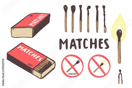 Safety match ignite burn icons set. Hand drawing. Cartoon illustration of doodle Safety match vector icon for web isolated on white background