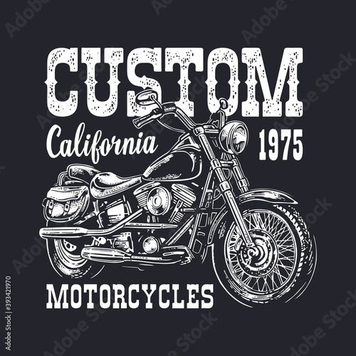 Motorcycle. Vector vintage monochrome illustration isolated on black background.