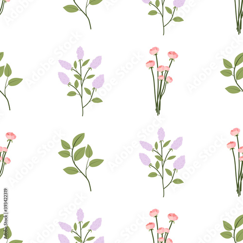 Floral seamless pattern with green leaves, lilac branch, small rose bouquet. Textile, fabric ornament. Spring bloom flowers.
