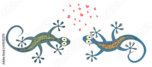 Vector illustration with couple of lizards isolated on white. Cute lovely cartoon animals with small hearts. Doodle style painting. Male and female lizard. Love and romance theme