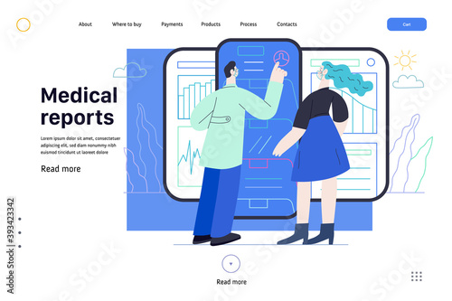 Medical report application -medical insurance web page template -modern flat vector concept digital illustration -patient and a doctor using medical application with reports and test results, metaphor
