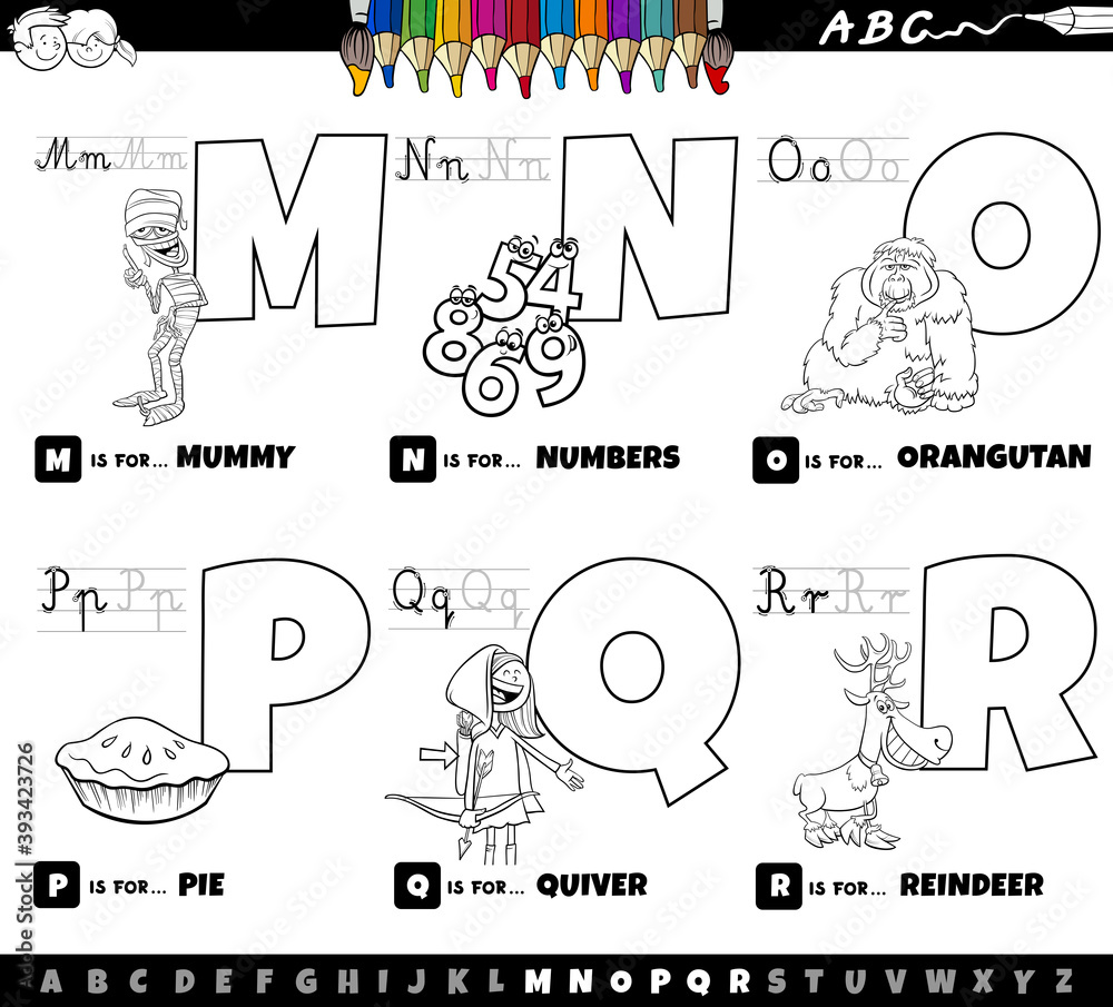 educational cartoon alphabet letters set from M to R coloring book educational cartoon alphabet letters set from M to R coloring book
