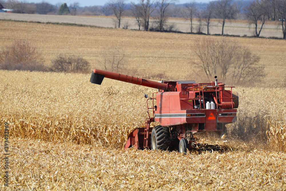 Obraz premium Combine harvesting corn in Sothern Wisconsin