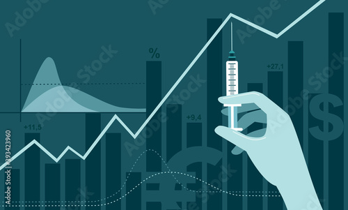 coronavirus COVID-19 2019-ncov vaccine discovery impact on stock market. Doctor hand in medical glove holding syringe with vaccine shot.
