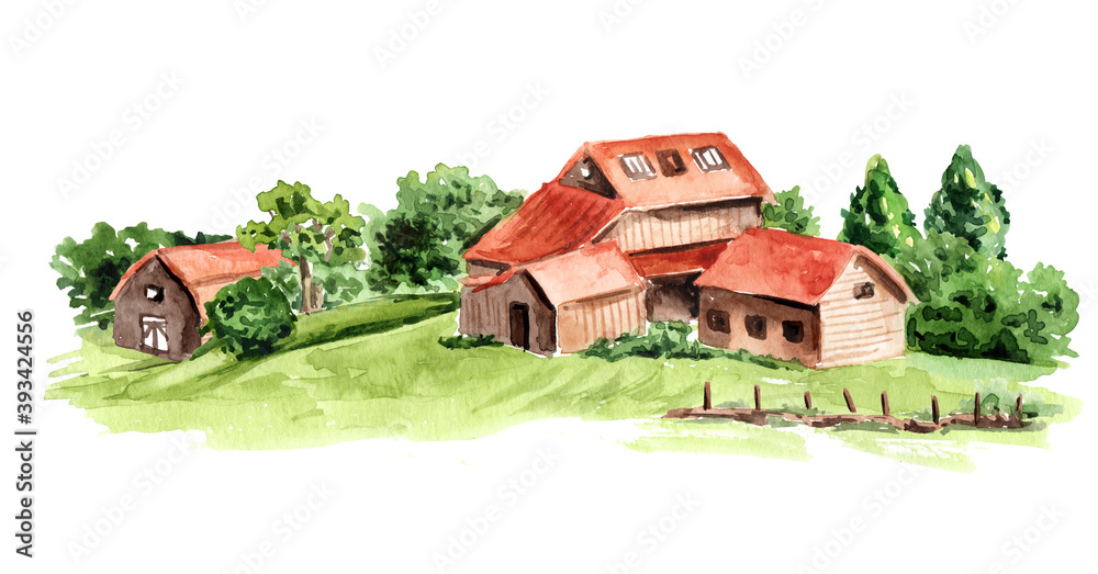 Old farm in countryside, Watercolor hand drawn illustration isolated on whire background