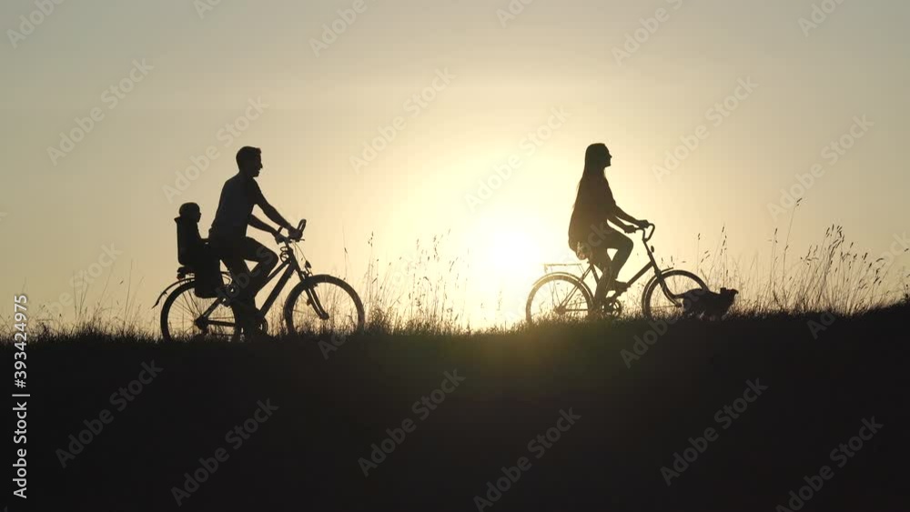 Silhouettes of a young family on bicycles and with a dog on a sunset background. Silhouettes of a young family on bicycles and with a dog on a sunset background.