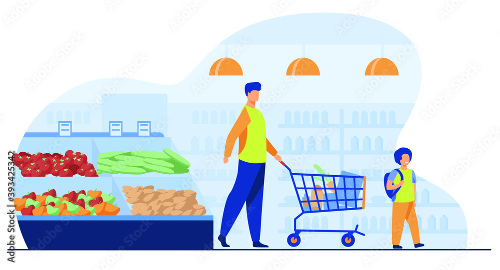 Fototapeta premium Father and son buying food in the supermarket. person with shopping cart