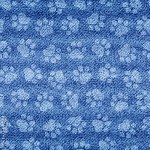 Indigo paw print. Pets seamless pattern. Paw texture. Cute blue background for dog or cat. Modern stylish denim fabric. Irregular repeat creative pet prints. Mottled design foot puppy. Vector
