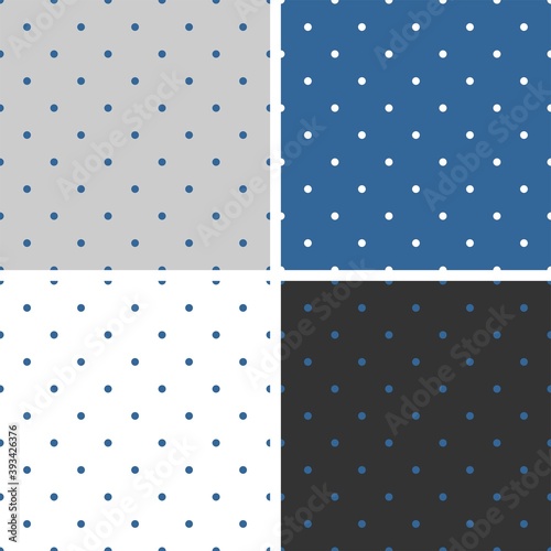 Blue background vector set. Seamless patterns or textures with white polka dots on pastel, colorful background: baby blue, grey white and black