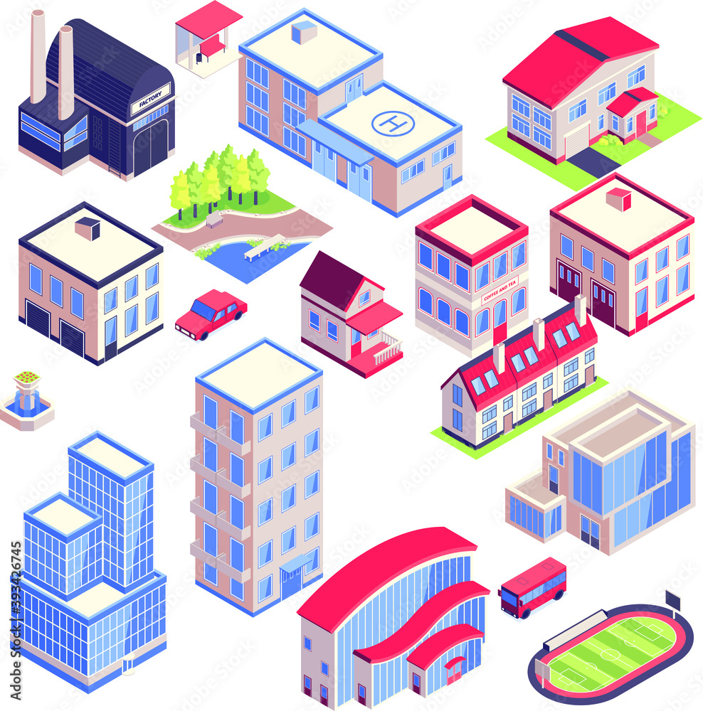  Isometric icons urban transport architecture environment set with isolated images of modern city buildings with different functions vector illustration. isometric city buildings