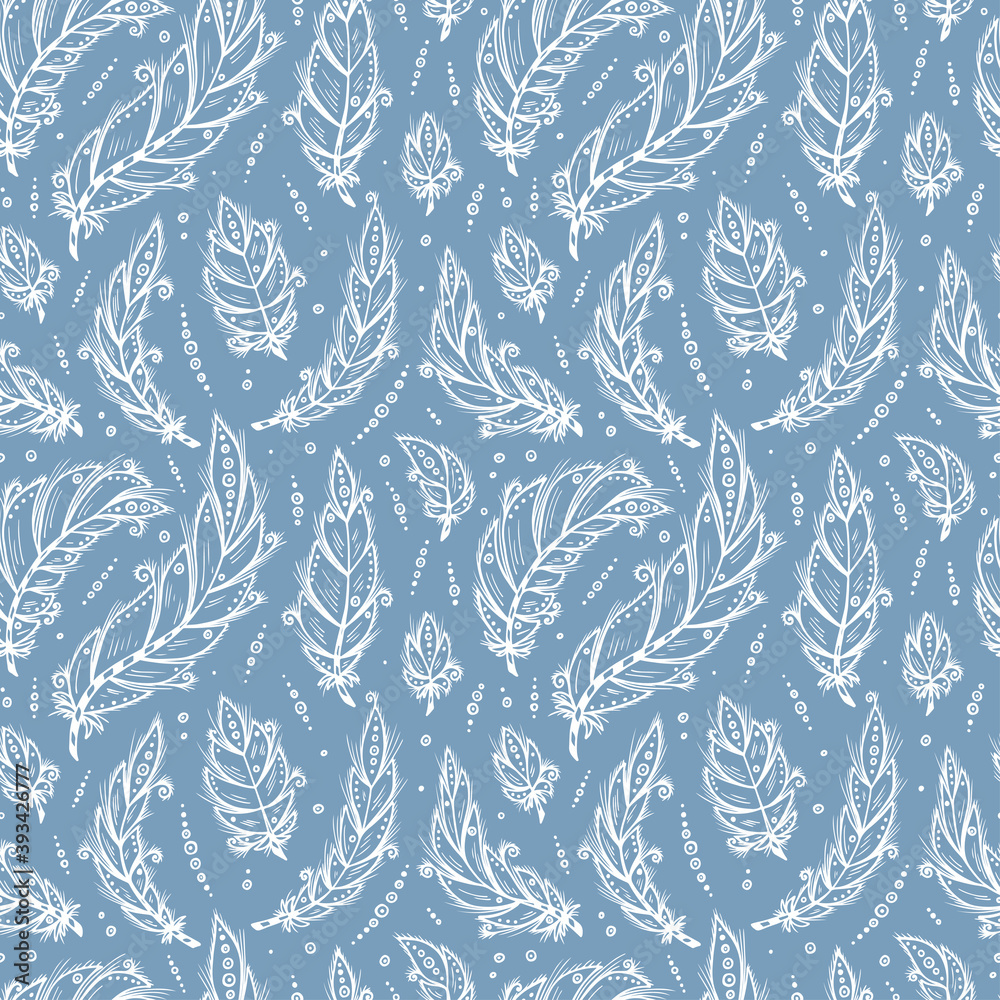 Ethnic Blue Feather Seamless Pattern. Hand Drawn Tribal Feathers Boho Style Repeating Background Ethnic Blue Feather Seamless Pattern. Hand Drawn Tribal Feathers Boho Style Repeating Background
