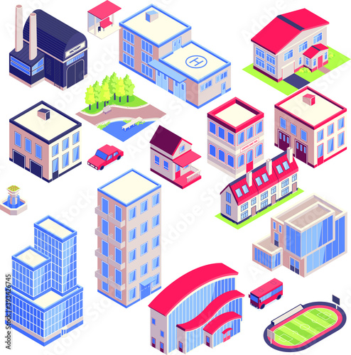  Isometric icons urban transport architecture environment set with isolated images of modern city buildings with different functions vector illustration. isometric city buildings © Lucky Designs