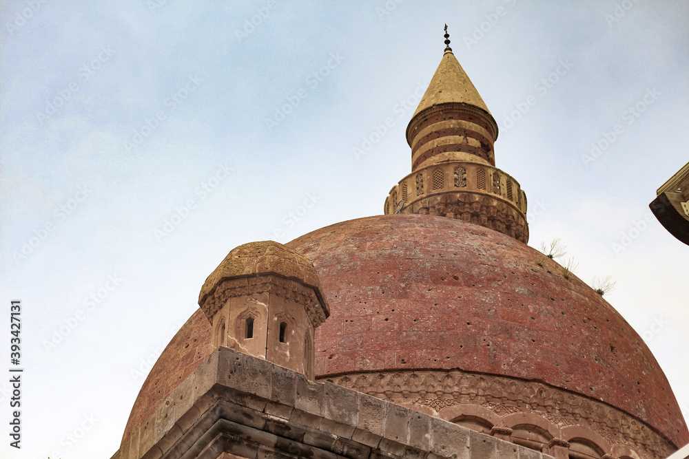  Agri, Turkey - May 2018: The minaret of Ishak Pasha Palace near Dogubayazit in Eastern Turkey. Beautiful brown mosque in the middle east. Different view to İshak Pasa Palace