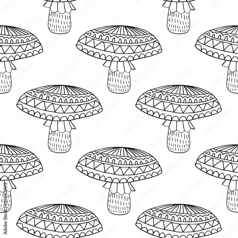 Cute fantasy doodle mushroom with ornamental cap seamless pattern. Woodland background. Vector illustration. Cute fantasy doodle mushroom with ornamental cap seamless pattern. Woodland background. Vector illustration.