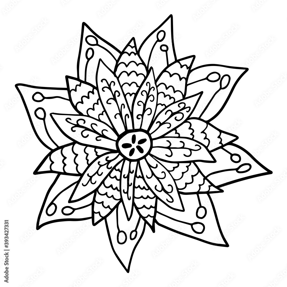 Cute fantasy doodle flower with leaves isolated on white background. Vector illustration. Cute fantasy doodle flower with leaves isolated on white background. Vector illustration.