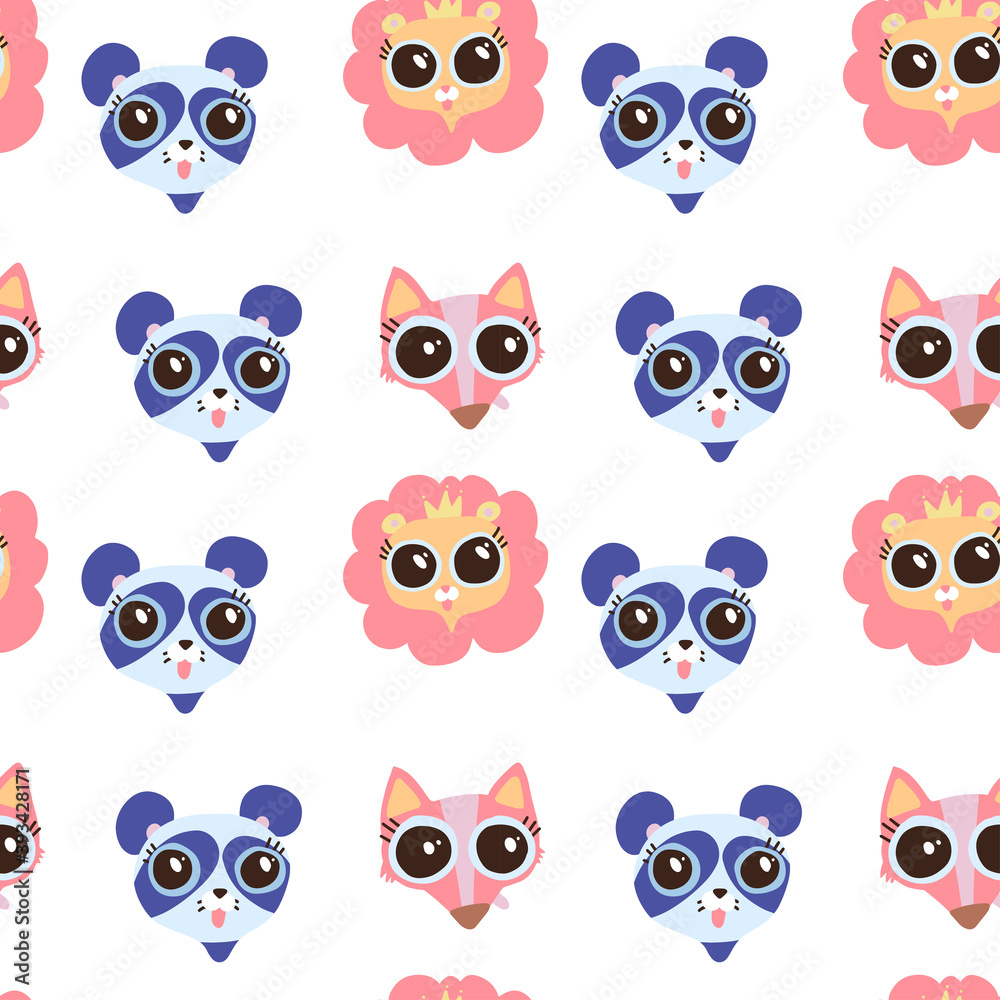 Seamless pattern with cute animals face image, Flat vector hand drawn childish illustration.