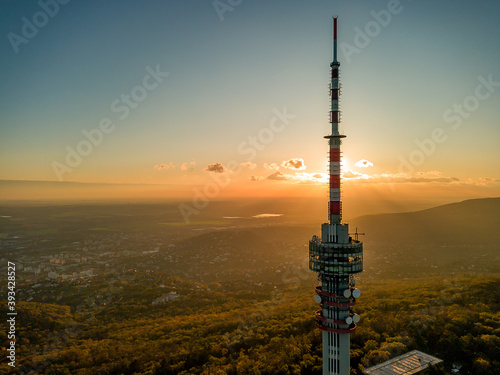Hungary - TV tower in Pecs with Mecsek hills from drone view