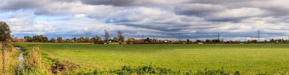 British Countryside with Roman drainage ditches (reens). Overcast, sunny day in Magor, Wales. Ultrawide panoramic