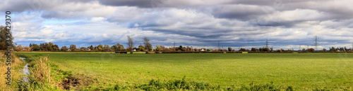 British Countryside with Roman drainage ditches (reens). Overcast, sunny day in Magor, Wales. Ultrawide panoramic