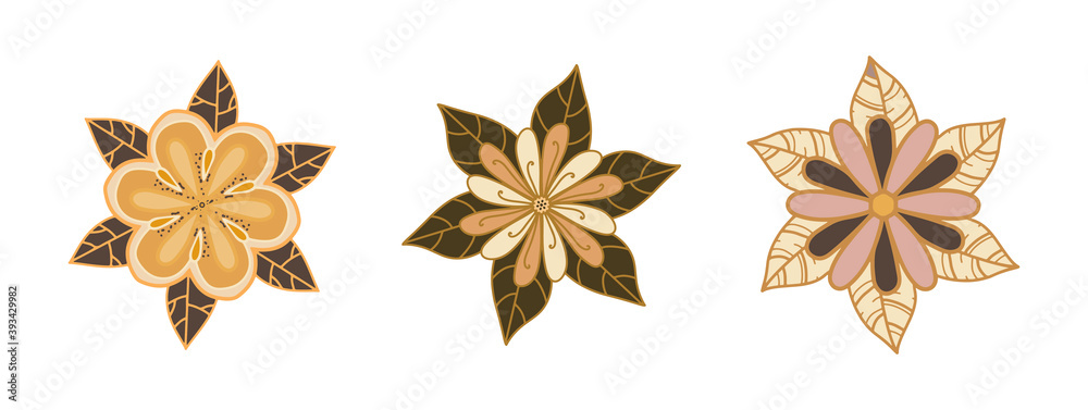 Gold flowers with black leaves. on white isolated. Graceful flowers in lines with color. Botanical elements for the design of wedding invitations, cards, posters. Golden botanical design elements